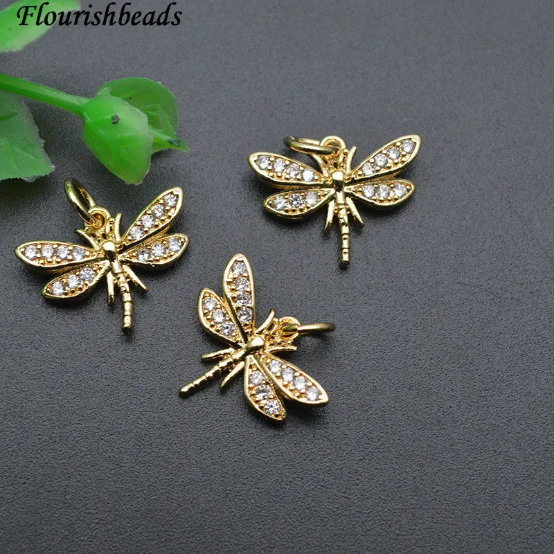 20pc Jewelry Making Supplies Nickel Free Anti Fading Gold Plated Cz Pave Cute Small Size Dragonfly Bracelet Charms
