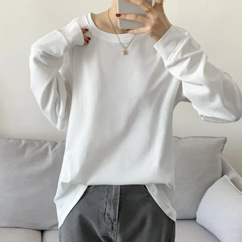 

Women's Winter New Fashion Tops Long Sleeve Loose O Neck T Shirts Female White Basic Thick Casual All-Match T-Shirt Tees Female