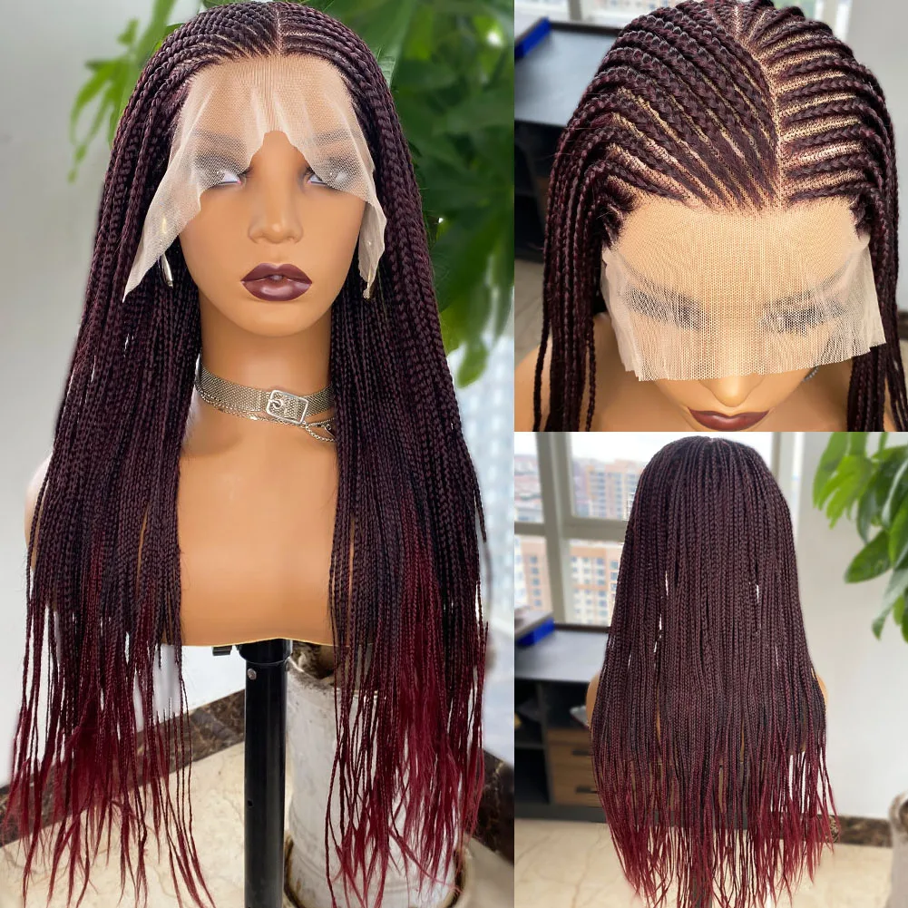 YYsoo Long Black Mixed Red Micro Braided13x6 Synthetic Lace Front Wigs for Black Women Full Hand Tied Box Braided Lace Front Wig