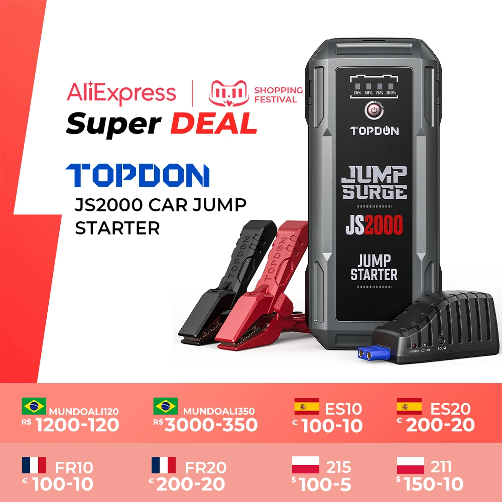 

Пусковое устройство для автомобиля Topdon JS2000/JS1200 2000A/1200A, 12 В, внешний аккумулятор на 16000 мАч, пусковое устройство для запуска автомобильного бу...