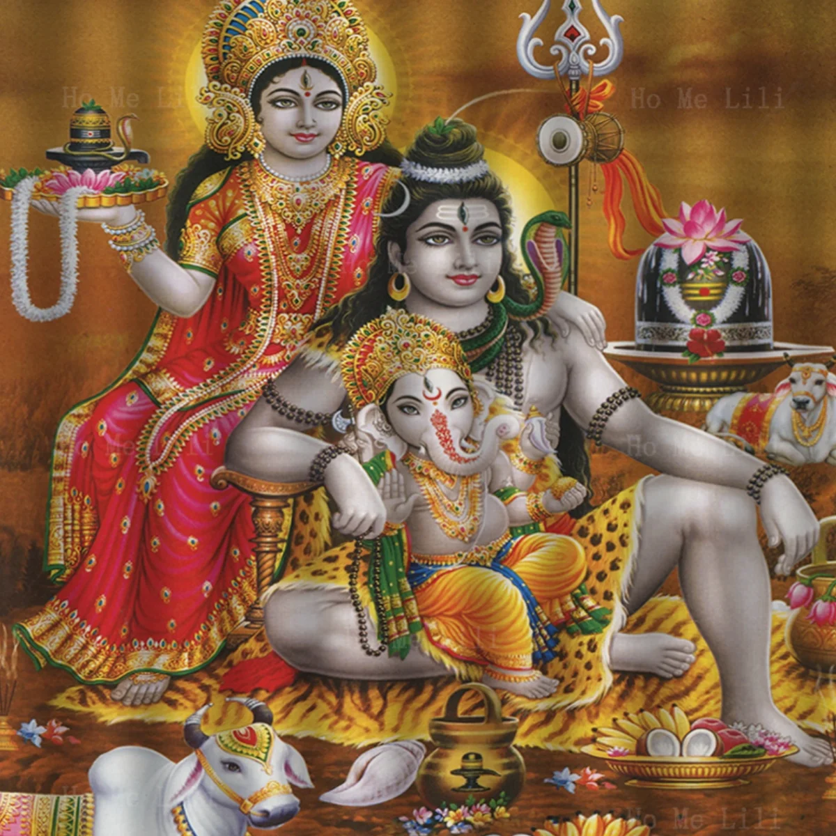 Shiva Parvati Ganesh серебряный золотой глянцевый рельефный индуистский занавес для душа от Ho Me Lili для декора ванной комнаты (art.: 3920bfb22dffb) - 3920bfb22dffb