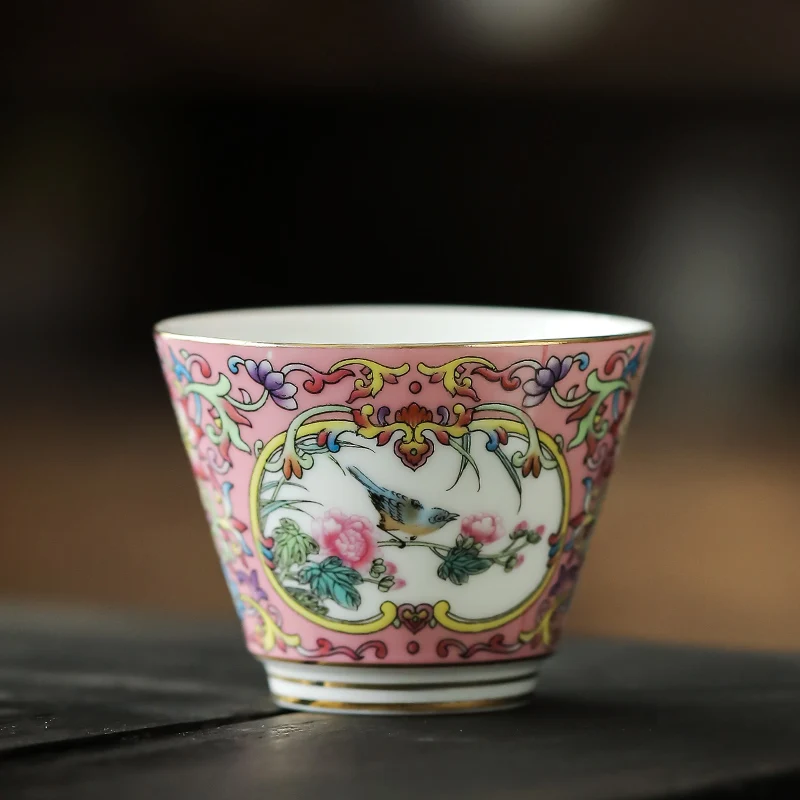 1 шт., китайская цветная эмалированная керамическая чашка, изысканная ручная роспись, чашка для медитации с цветами и птицами, фарфоровая чайная чаша, чайный сервиз, 60 мл