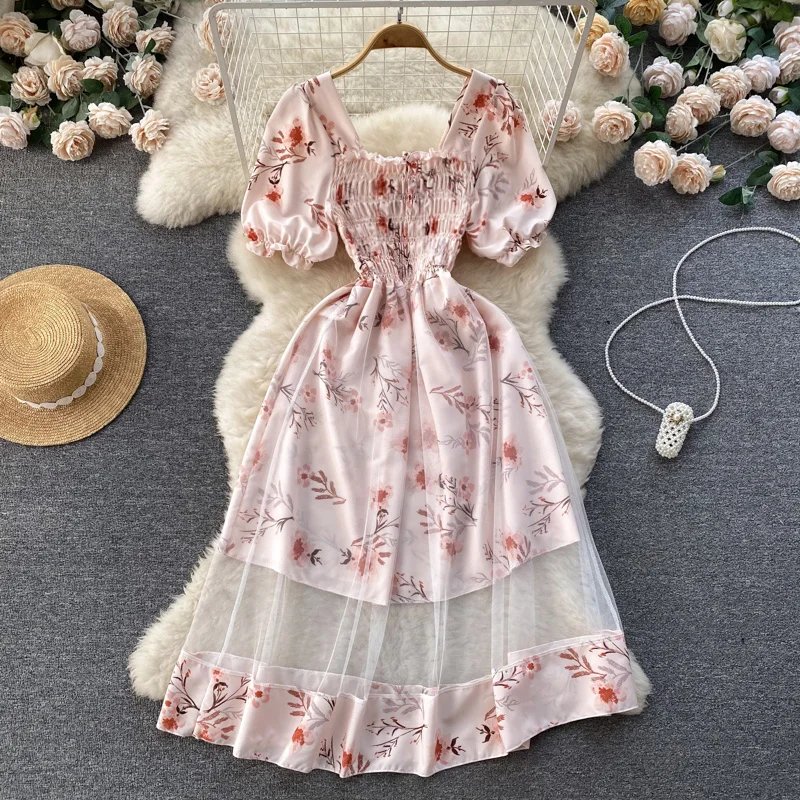 

Korean Mesh Patchwork Chiffon Dress Women Summer Sweet Short Sleeve Square Collar Floral Long Dresses Women's Clothing 2023