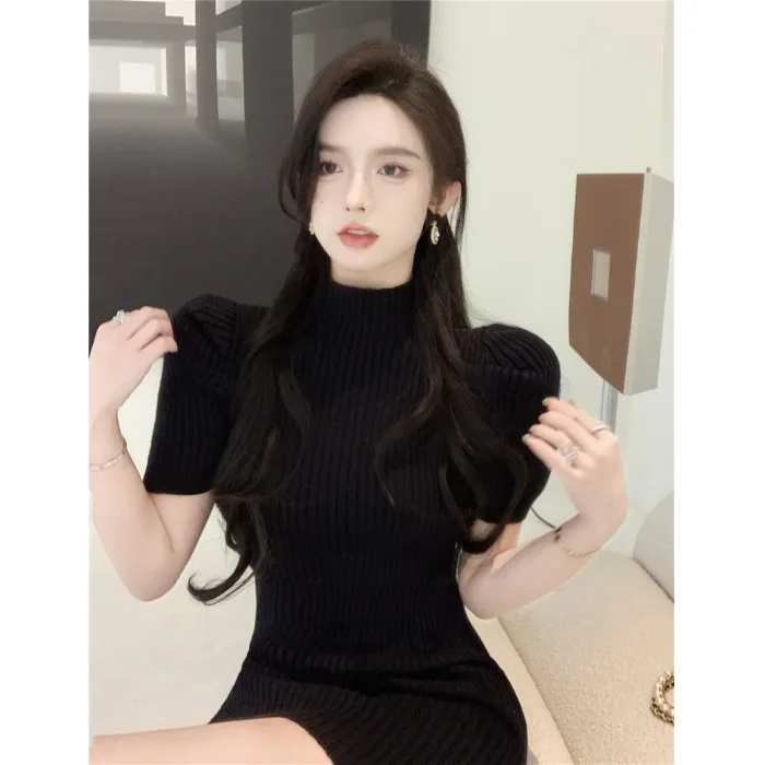 

Black high neck knitted dress women's 2022 spring short sleeved sweater