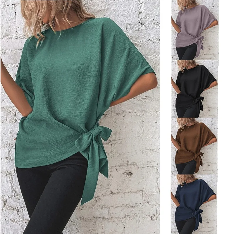 

2023 Summer Batwing Sleeve Solid Color Casual Top Fashion New Knot The Hem Loose O-Neck Street Shirt Woman Clothing