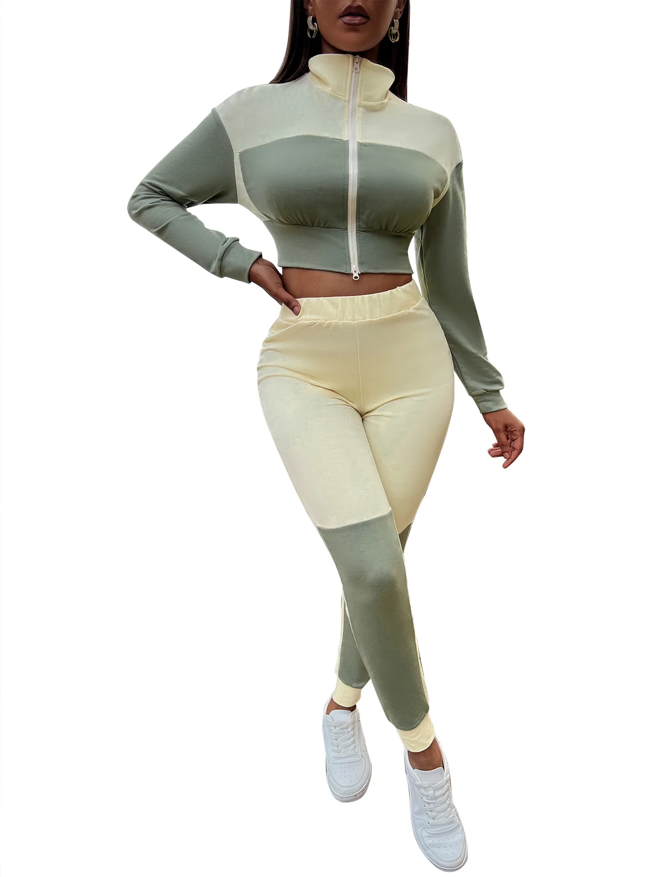 

Women's Two Piece Pants sets Autumn matching color zippered lapel slim top tracksuits for women