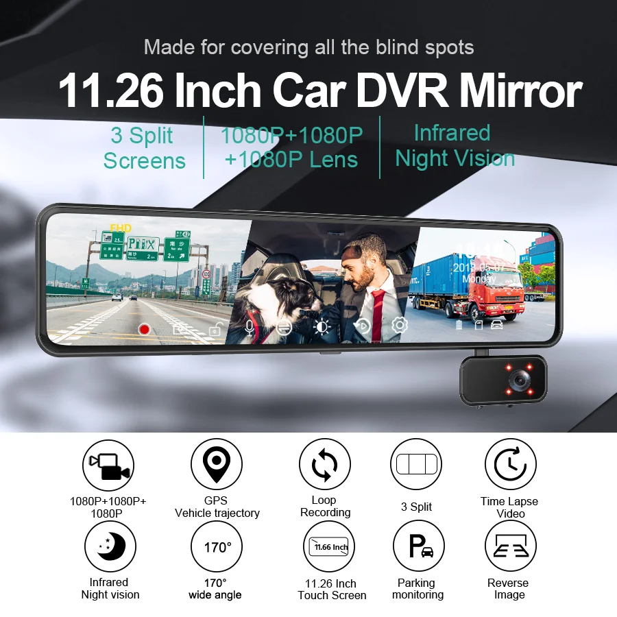 E-ACE 1080P камера заднего вида 12 дюймов GPS видеорегистратор с двойным объективом