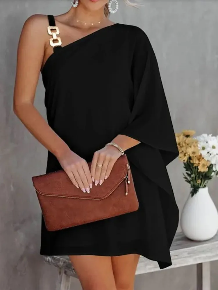 

Fashion Design One Shoulder Sleeve Loose Mini Dress Women Office Casual A-Line Dress Sexy Diagonal Neck Cutout Solid Party Dress