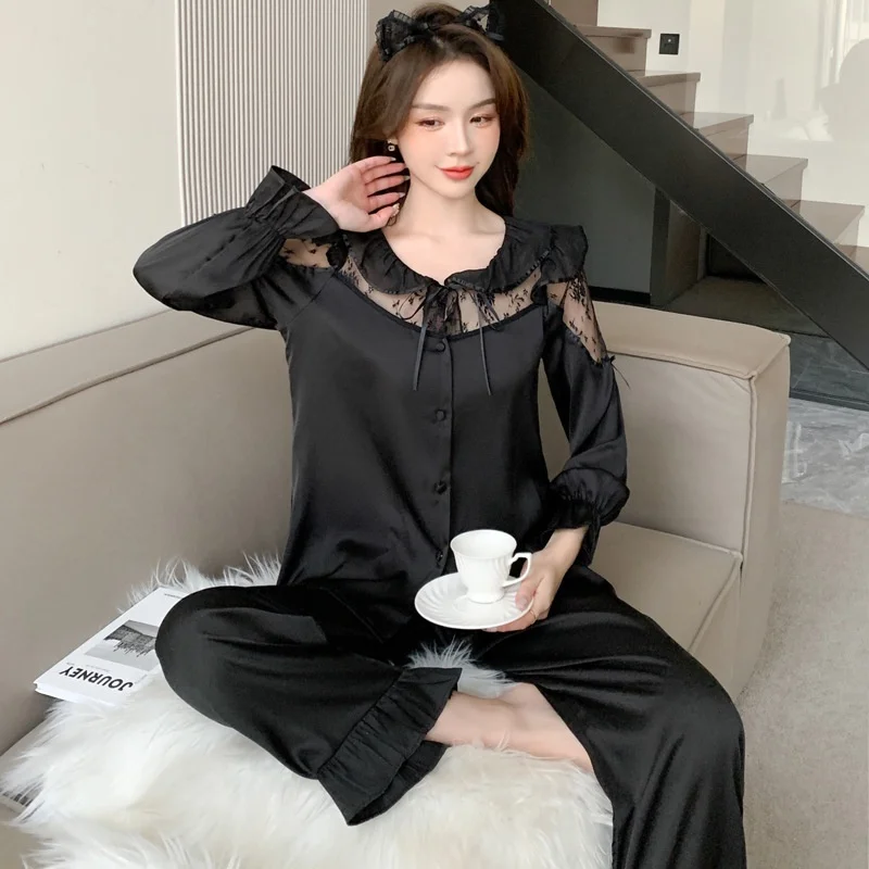 Lisacmvpnel Women's Spring And Summer Ice Silk Long Sleeve Set Pajamas French Court Style Home Clothes Sleepwear