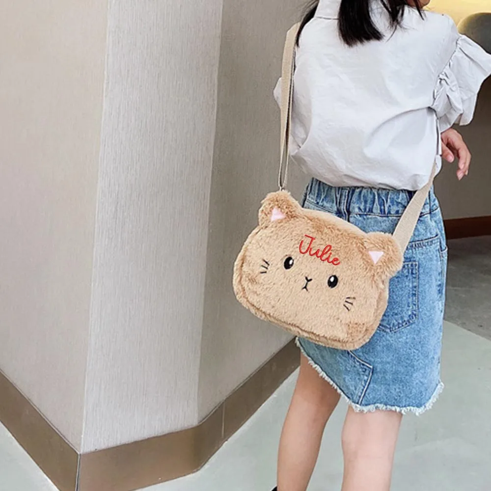 New Personalized Cartoon Plush Children's Gift Bag with Name Custom Embroidered Fashion Cute Kitten Purse Girls Shoulder Bags