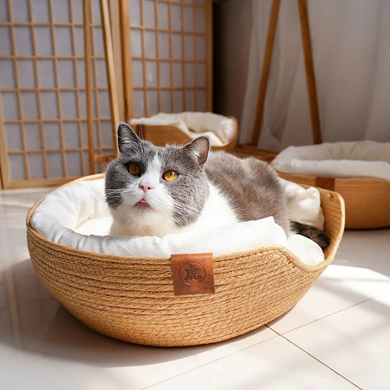 

Pet Bed Cat Mat Kennel Dog Beds Sofa Bamboo Weaving Four Season Cozy Nest Baskets Waterproof Removable Cushion Sleeping Bag
