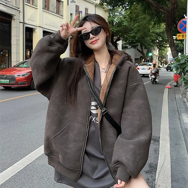 Plus Size Plus size women clothing American vintage Casual Hood Women's Winter High-Grade Chubby Girl Loose Slimming Thickene...