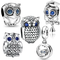 fit original pandora charms bracelets cute blue crystal eyes owl beads diy jewelry for women silver color bird pendant accessory