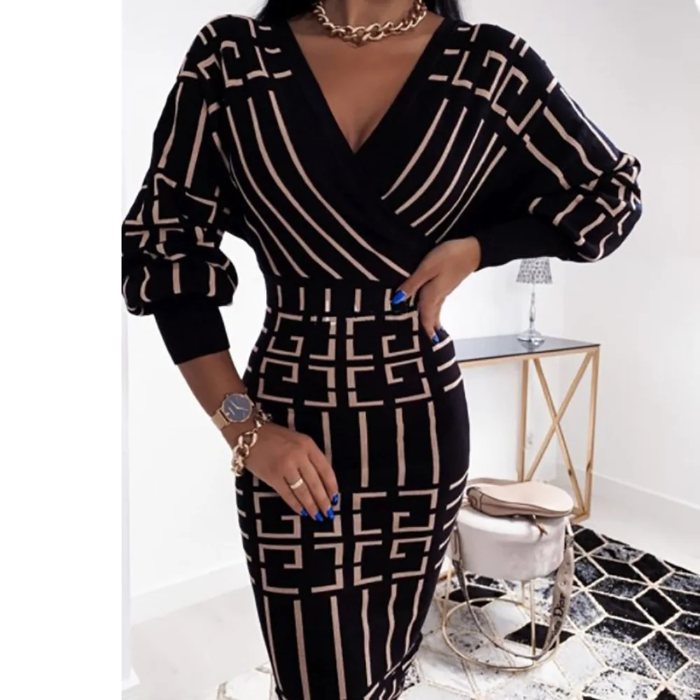 

Sexy V Neck High Waist Party Dress Women Retro Fashion Polka Dot Print Long Sleeve Midi Dress Elegant Belted Party Dress