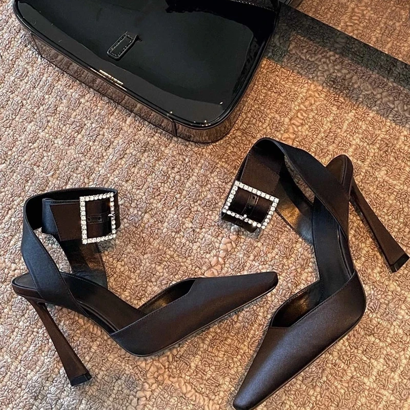 Rhinestone Square Button High Heels 2023 Spring New Chunky Heel Sandals Strap Single Shoes Fashion High Heels Women