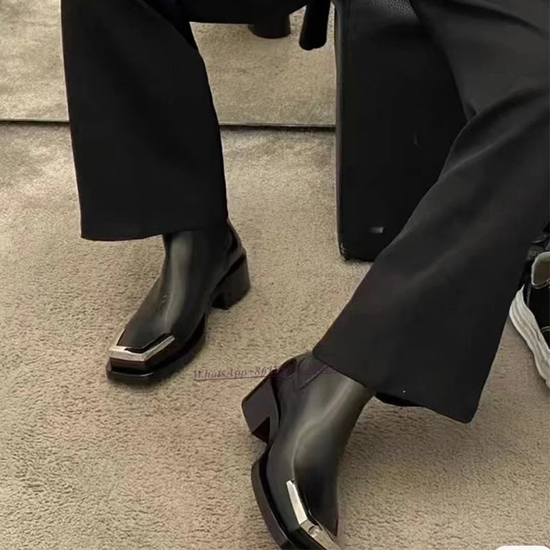 Square Toe Metal Toe Thick Heel Chelsea Boots 2022 Autumn and Winter New Niche Design Short Boots