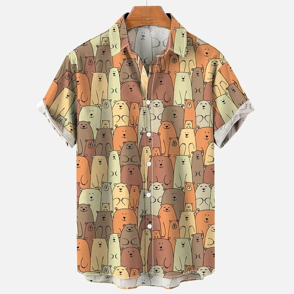 Мужская винтажная рубашка с коротким рукавом 3D-принтом медведя |