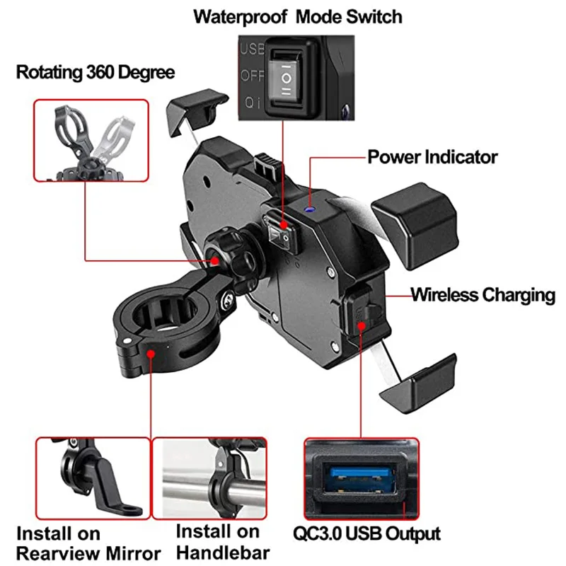 Motorcycle Phone Holder 15W Wireless Charger USB QC3.0 Fast Charging Bracket Bike Smartphone Stand 360 Mobile Cellphone Support