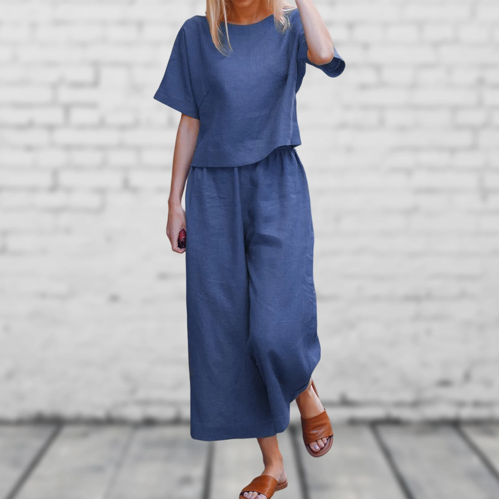 

Casual 2 Piece Outfits Wide Leg Women Tank Top Vest Pant Crew Neck Elastic Waist Solid Color Short Sleeve Daily Outfit
