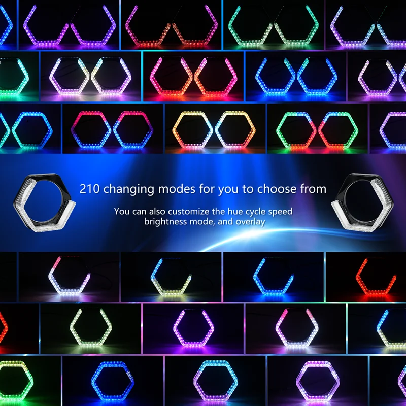Фото 1/2 шт. 5D RGB светодиодные кольцевые фары Angel Eyes с функцией поворотников, управлением через приложение по Bluetooth, для мотоциклов и автомобилей (DRL) №3