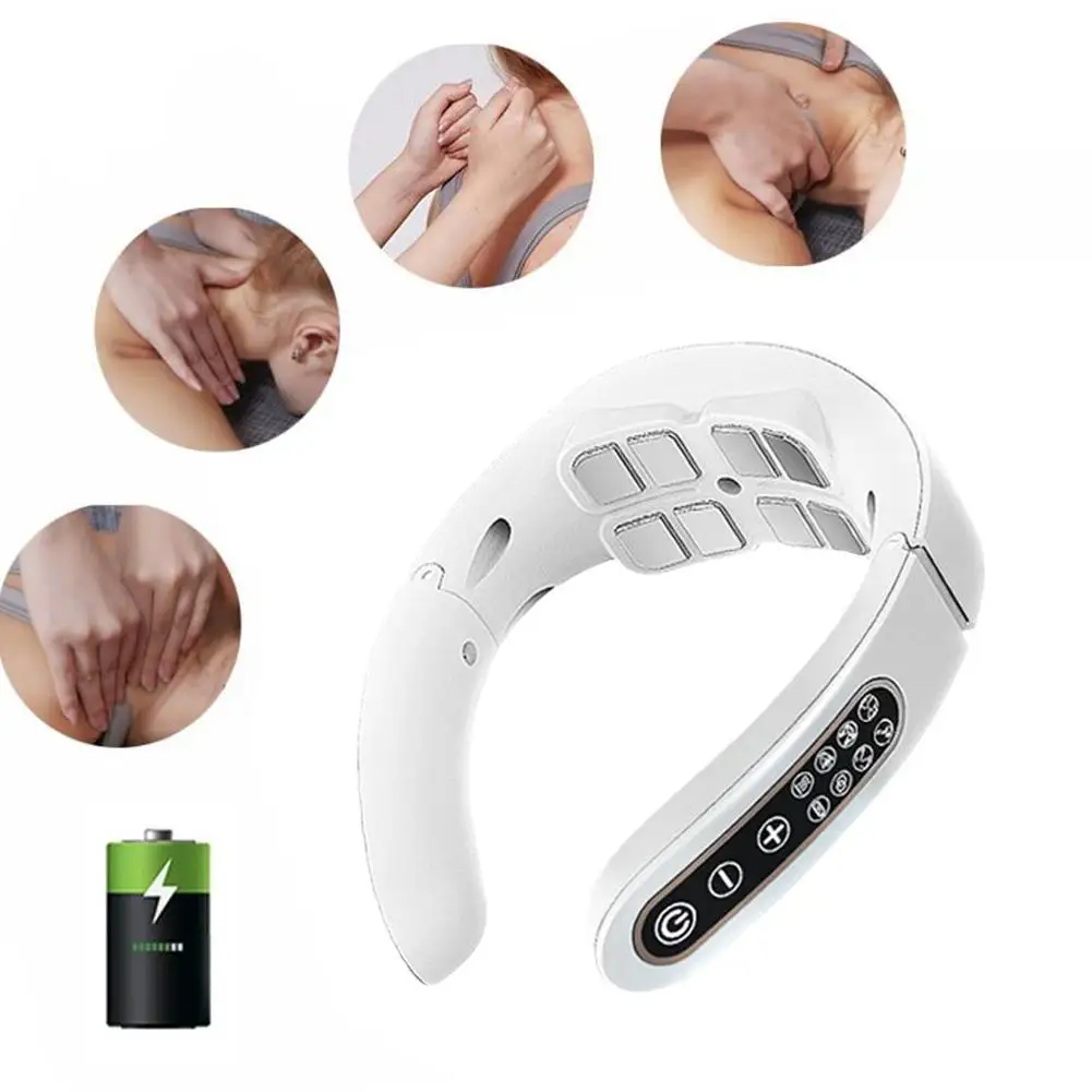 

Electric Neck Massager EMS Pulse Rechargeable USB Cervical Traction Therapy Massage Stimulator Pain Relief Heating Function