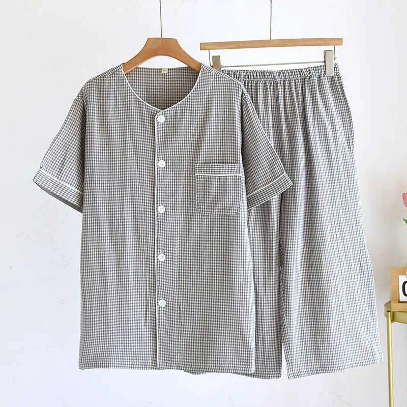 Fashion Plaid Pyjamas Femme Summer Short Sleeve Capris Pant Suit Double Layer Cotton Home Wear Clothes Women's Pajamas Set