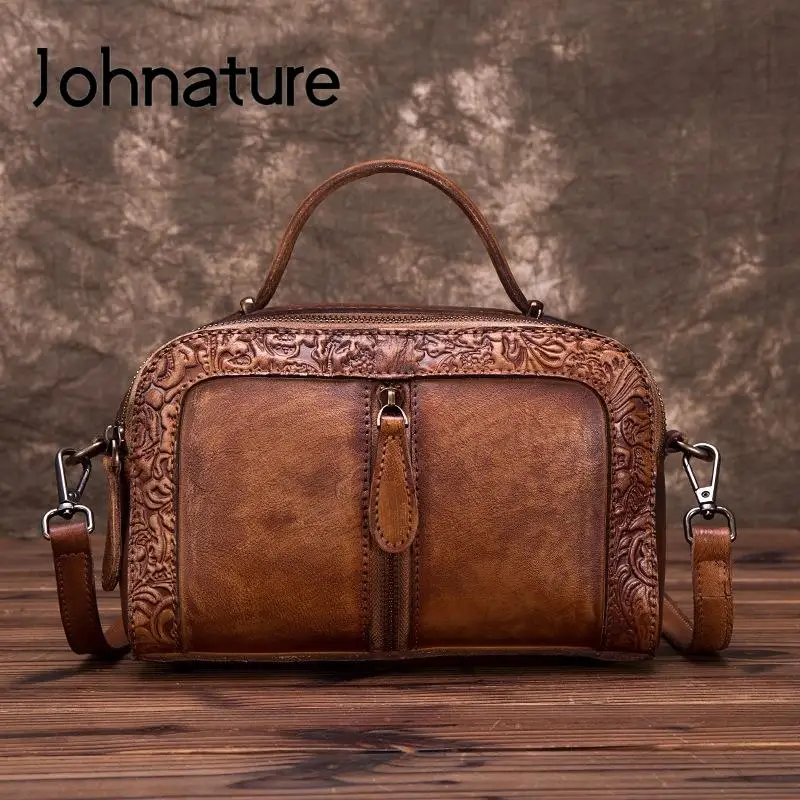 Johnature Genuine Leather Vintage Women Bag 2022 New Casual Shoulder & Crossbody Bags Natural Soft Cowhide Embossing Handbag