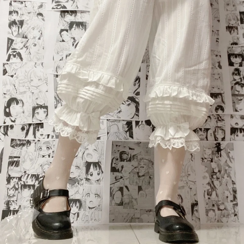 Japanese Sweet Lolita Safety Short Pants Women Kawaii Ruffleds Knickers Cotton Elastic Waist Victorian Bow Shorts Cute Bloomers