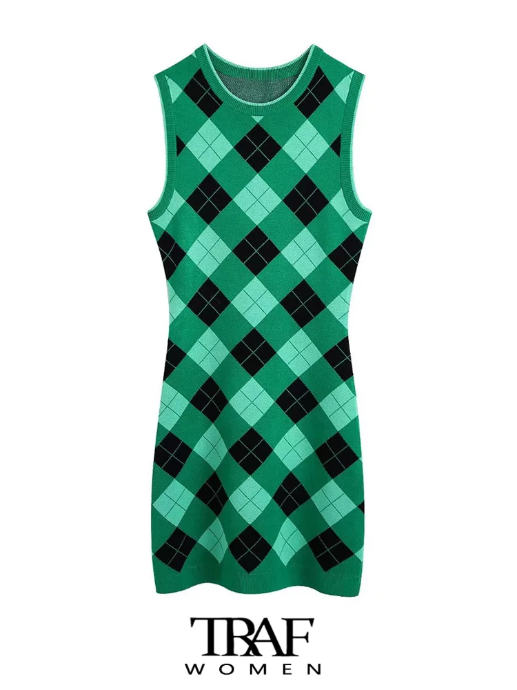 

TRAF Women Fashion Fitted Argyle Knit Mini Dress Vintage O Neck Sleeveless Female Dresses Vestidos Mujer