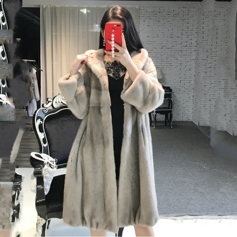 Новинка 2024 Женская куртка из натурального меха норки длинное пальто с капюшоном