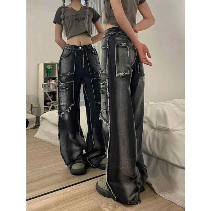 Deeptown Y2k Harajuku Jeans Women Black Denim Baggy Cargo Pants Patchwork Wide Leg Gothic Streetwear Grunge Trousers 90s Vintage
