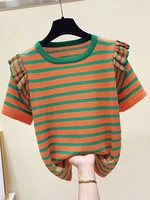 poleras mujer striped t shirt women ruffles o neck short sleeve top womens 2022 summer clothes knitted tees tshirts for women