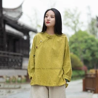 2022 national trend women cotton linen blouse chinese traditional hanfu shirt female elegant cheongsam chinese blouse tang suit
