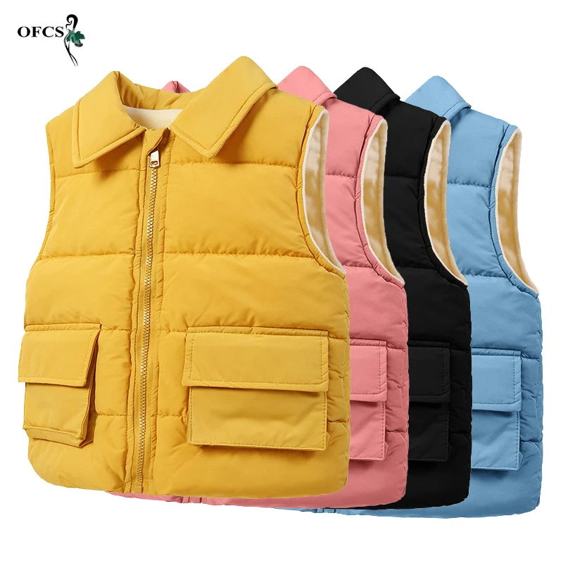 

Kids Vests Warm Waistcoats Autumn Baby Boy Girl Vests Children Sleeveless Down Cotton Jacket Coats Lapels/Large Pockets 4-12Year