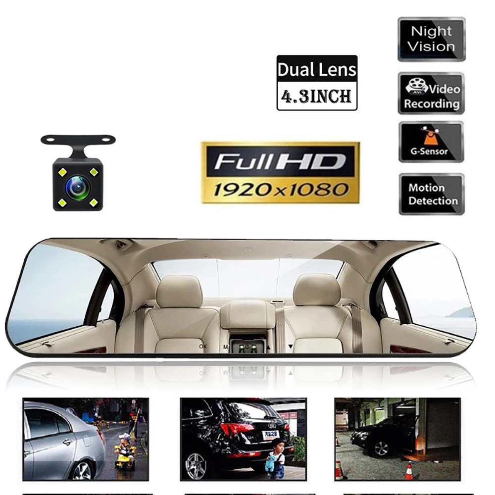 

4.3" Full HD 1080P Dual Lens Car DVR Rear View Mirror Auto Driving Video Recorder Dash Cam Night Vision Vehicle Dash Camera
