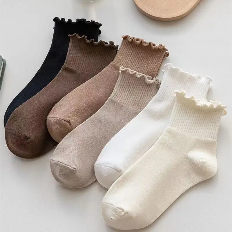 

3Pairs Womens Cotton Quarter Socks Fashion Solid Color Lovely Frilly Edged Cuff Princess Girls Spring Summer Autumn Cute Socks