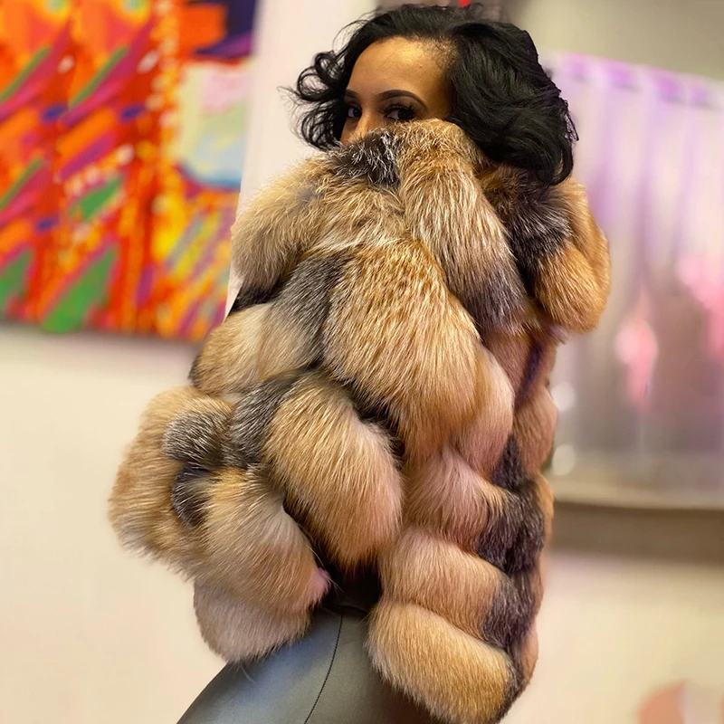 Winter New Natural Fox Fur Jacket Woemn High Street Outertwear Lady Thicken Genuine Cozy Fox Fur Patchwork Sheepskin Coat Female