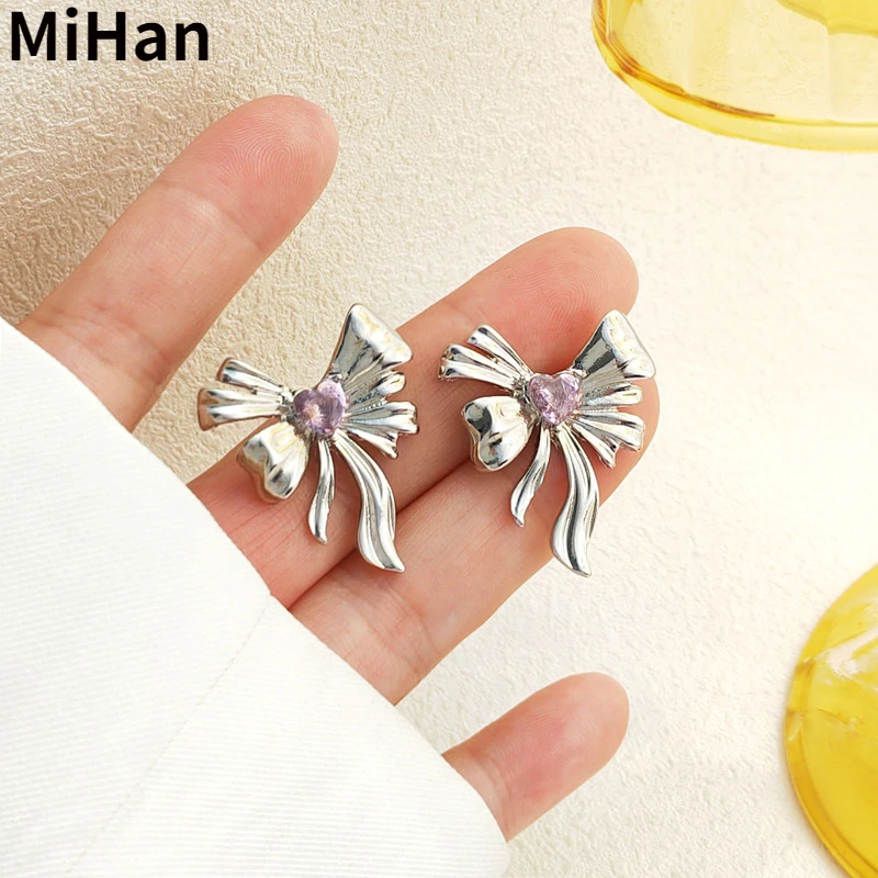 

Mihan 925 Silver Needle Bowknot Earrings Hot Sale Pretty Metallic Silver Plated Purple Crystal Women Earrings For Party Gift