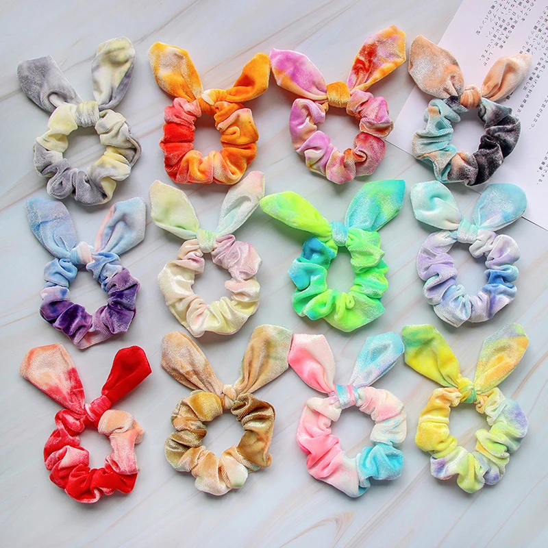 

Women Velvet Bow Hair Scrunchies Soft Rabbit Ear Tie-dye Elastic Rubber Bands Fashion Ponytail Holder For Girls Hair Accessories