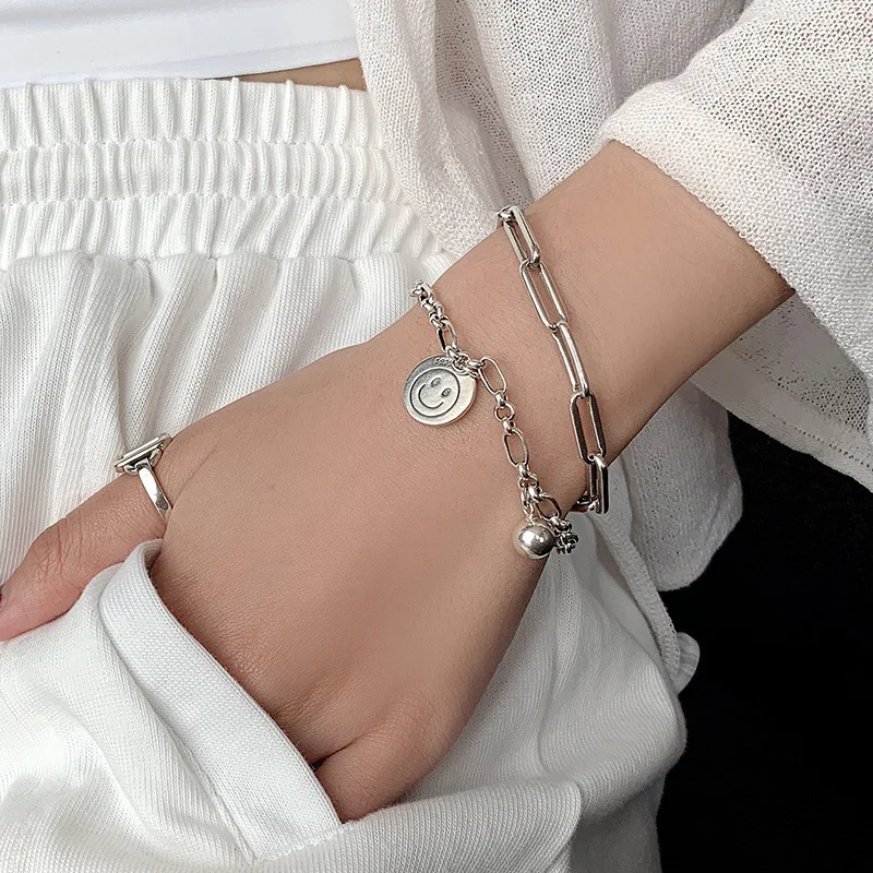 

FMILY Minimalist Hollow Smiley Bracelet S925 Sterling Silver Retro Fashion Creative Personality Jewelry for Girlfriend Gifts
