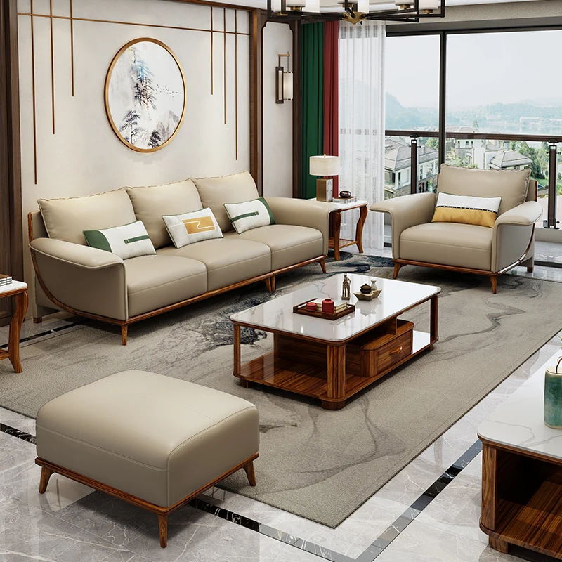 

Leather Solid Wood Sofa Modern Luxury Living Room Ebony Sofa Full Set of Modular Furniture Luxury Modern Sofa