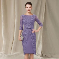 purple lace mother of the bride dresses boat neck appliques sheath knee length prom gown elegant dress women for wedding party