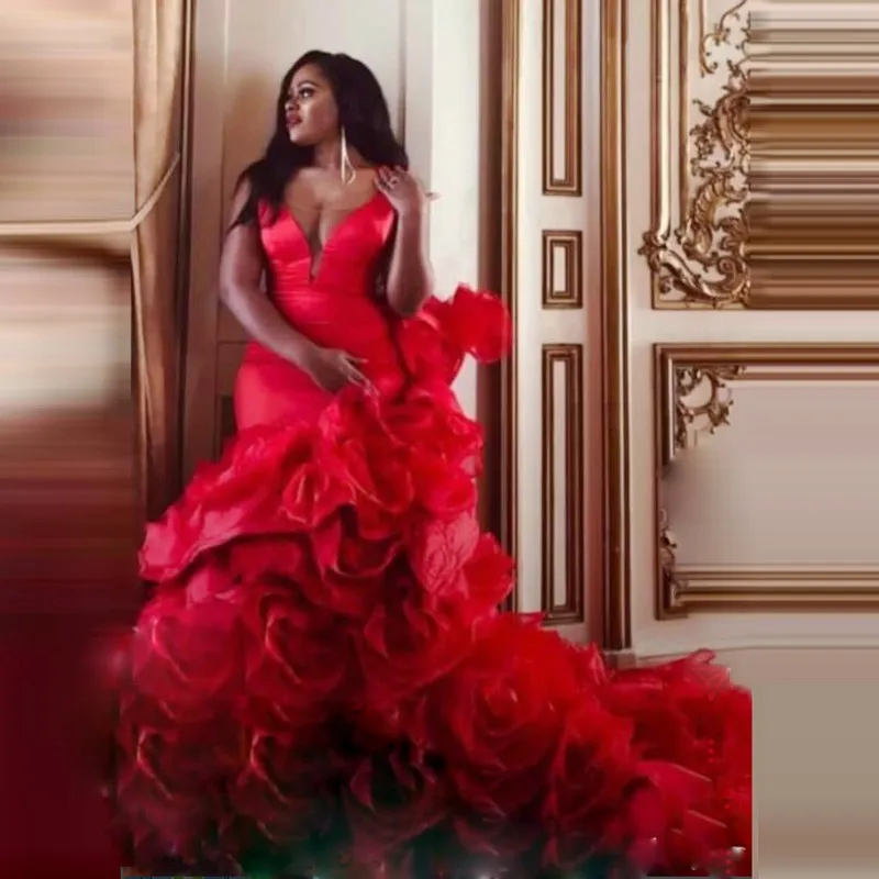 

Red Flowers Bottom Prom Dresses Ruffles Long Evening Dress Custom Made Celebrity party Gowns For African Women Formal Vestidos