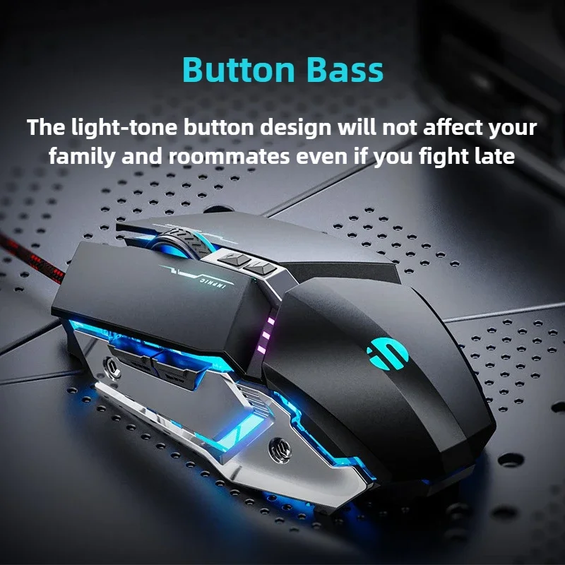 Фото Игровая мышь Inphic W2, проводная USB-мышь со светящимся геймером, механический металлический стиль, подходит для настольных ноутбуков, компьютеров, офиса №5