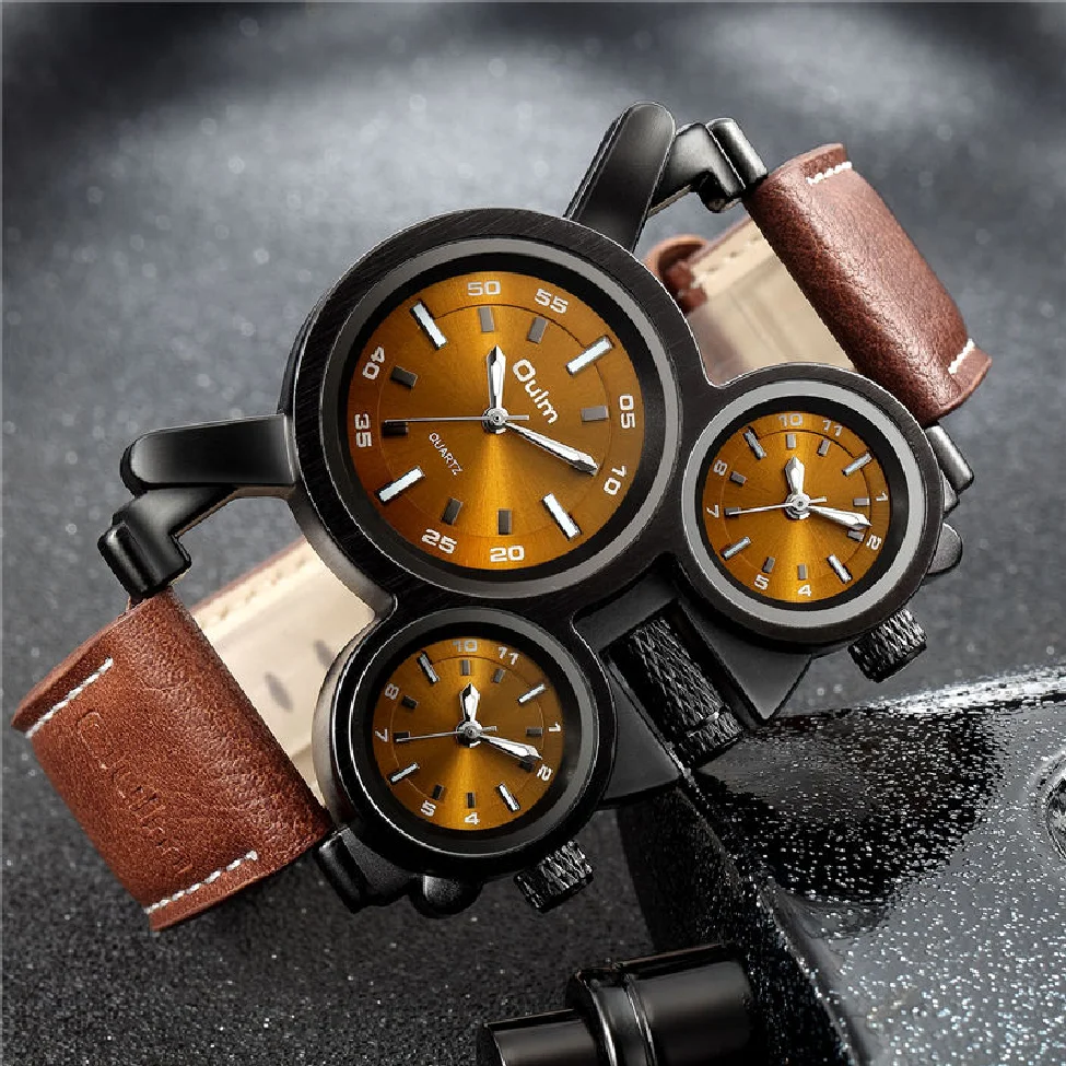 

OULM 1167 Mens Vintage Steam Punk Leather Band Watches 3 Time Zone Japan MOVT Casual Quartz Watch Relogio Masculino Dropshipping