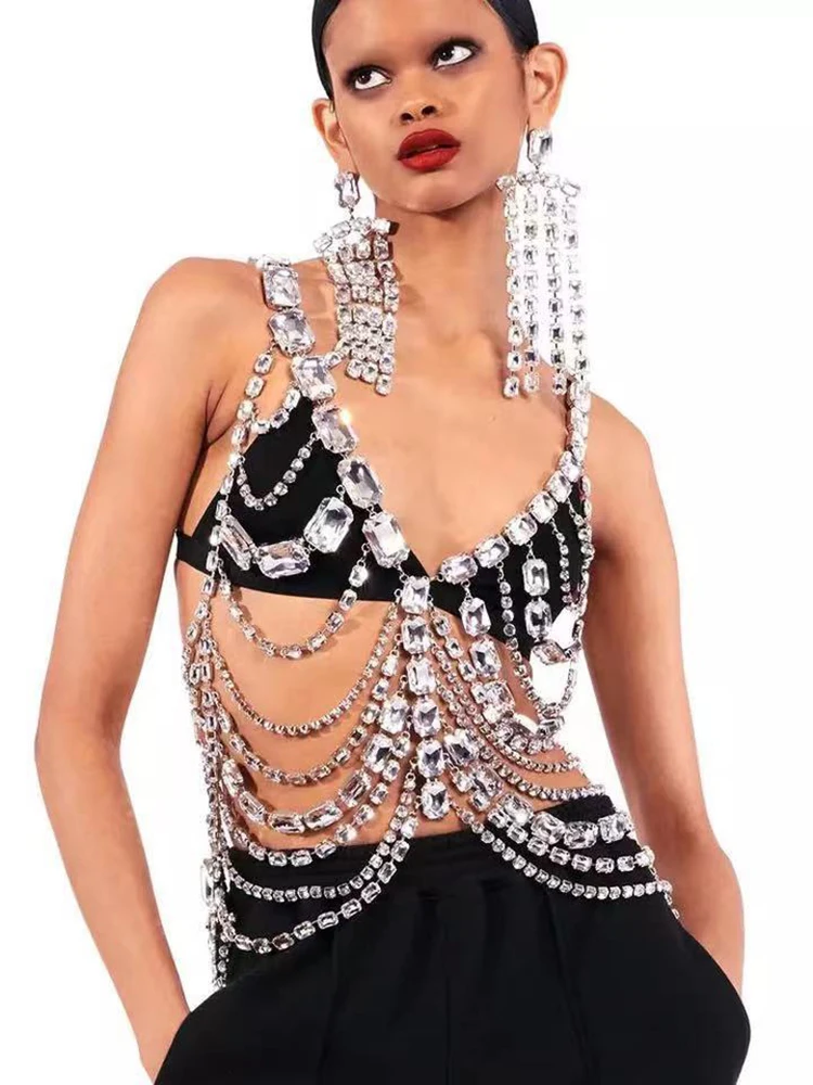 

Summer Top Women 2022 Sexy V Neck Sleeveless Crystal Chain Top Hollow Out Halter Top Diamond Bikini Suit Party Club Celebrity