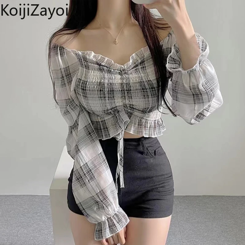 

Женская винтажная шифоновая блузка в клетку с длинными рукавами