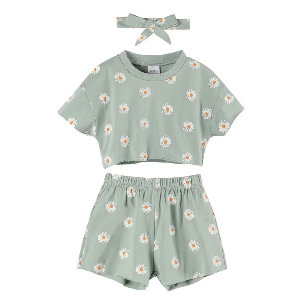 

Girls Cotton Clothing Sets Flower Print T-shirts Elasctic Shorts Bowknot Headband 3Pcs Toddle Baby Summer Casual Outfit Set 0-5y