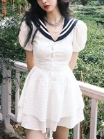 elegant white sweet dress women summer vintage party mini dresses female college style high waist korean fashion dress 2022 new