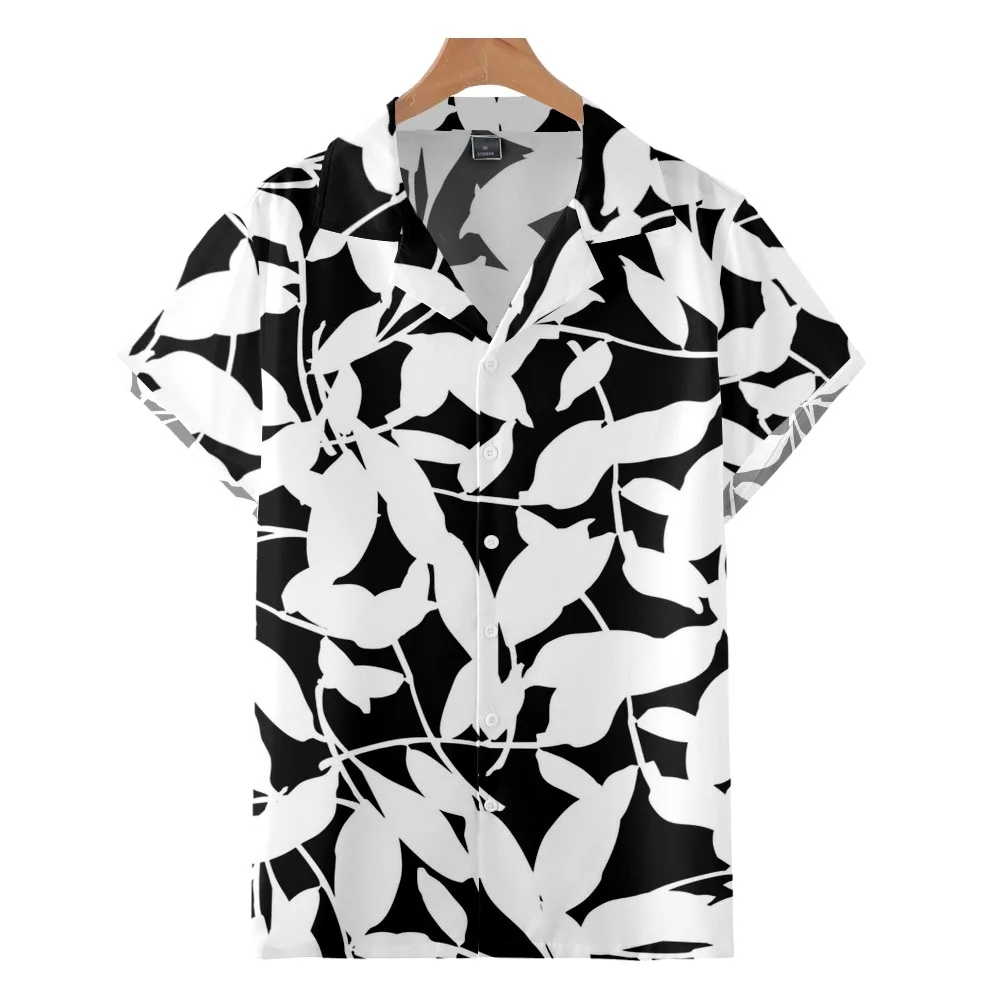 

2022 Fashion Casual Hawaiian Beach Shirt, Black and White Leaf Pattern Vintage Print, Summer Cuban Collar Shirt for Men and Wome